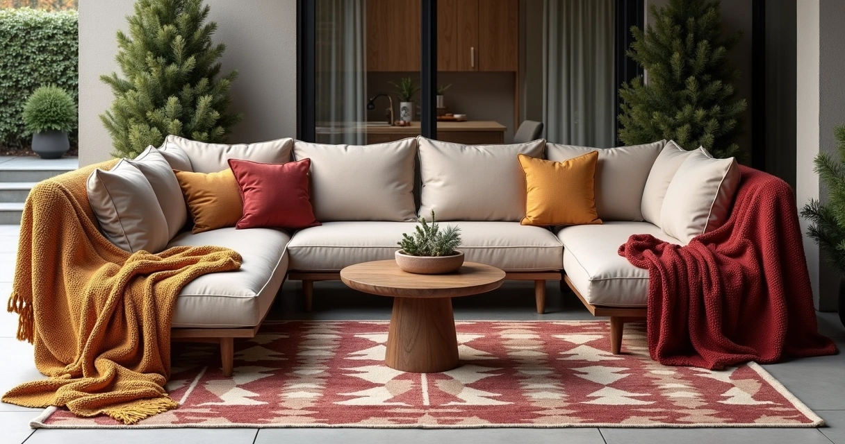 Outdoor sofa with thick cushions, warm blankets, and a patterned rug