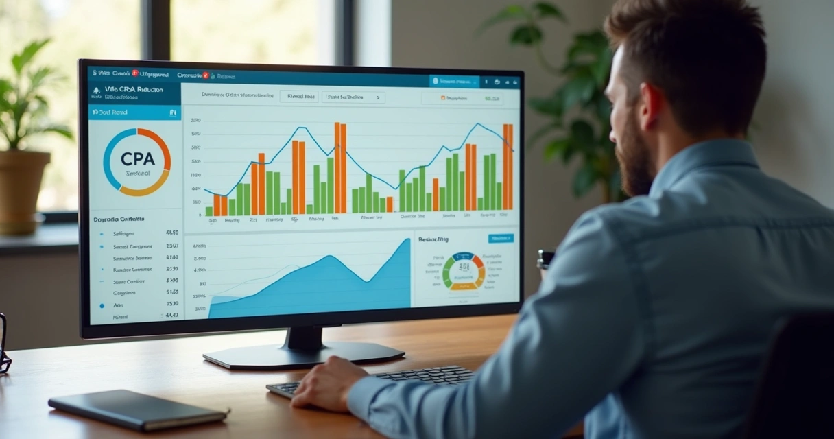 Empresário analisando gráfico de CPA em painel de marketing digital 