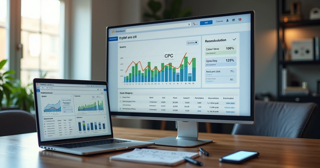 Tela de computador com gráfico de CPC em destaque em painel de anúncios online 