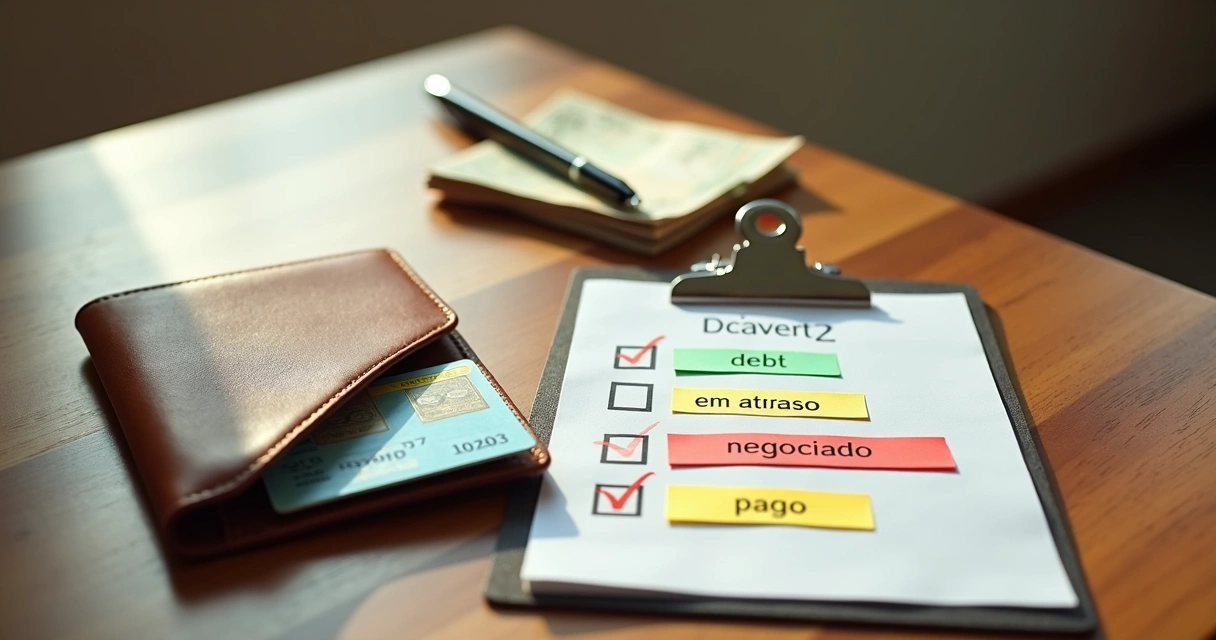 Carteira com CPF e organizador de dívidas ao lado de marcação de pago 
