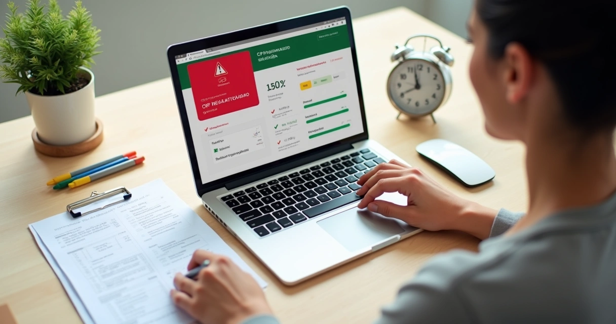 Pessoa consulta situação do CPF negativado em notebook com gráficos de controle financeiro 