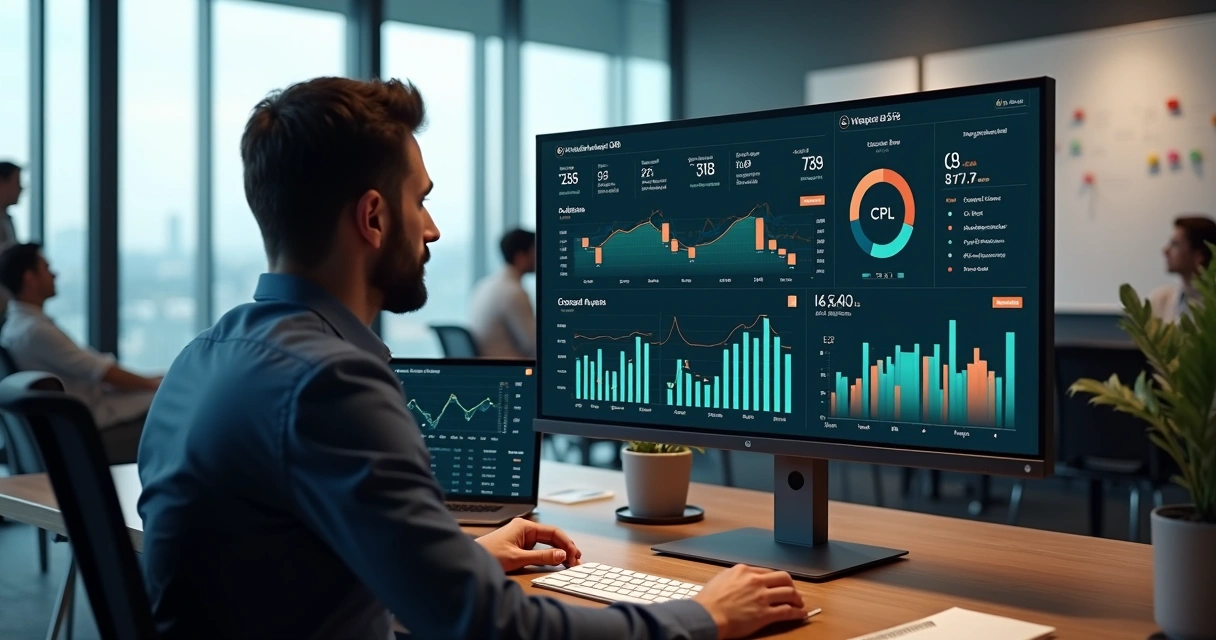 Gestor de marketing analisando gráfico de CPL em painel digital com funil de vendas 