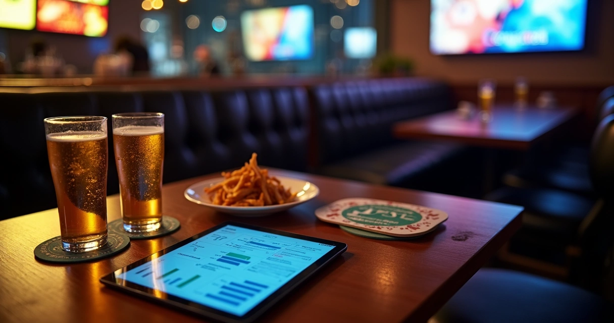 Mesa de bar com anúncios OOH vistos de cima junto a gráfico de desempenho em tablet 