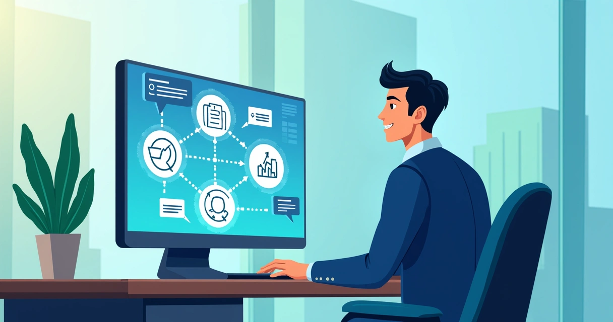 Sales representative working on a computer connecting CPQ with CRM, ERP, and e-signature tools visually represented by flow diagrams