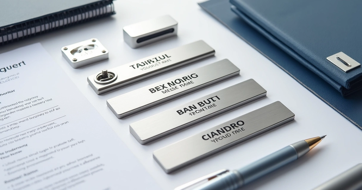 Conjunto de crachás de inox personalizados sobre mesa corporativa
