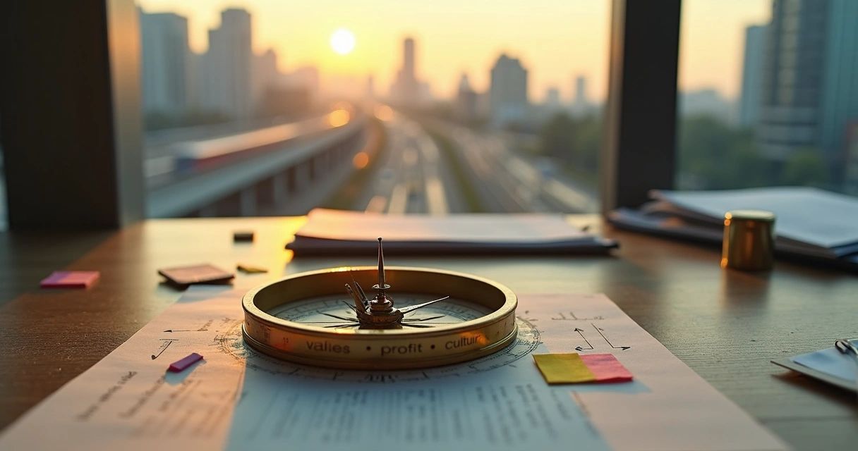 Cracked compass on office desk overlooking incomplete change road 