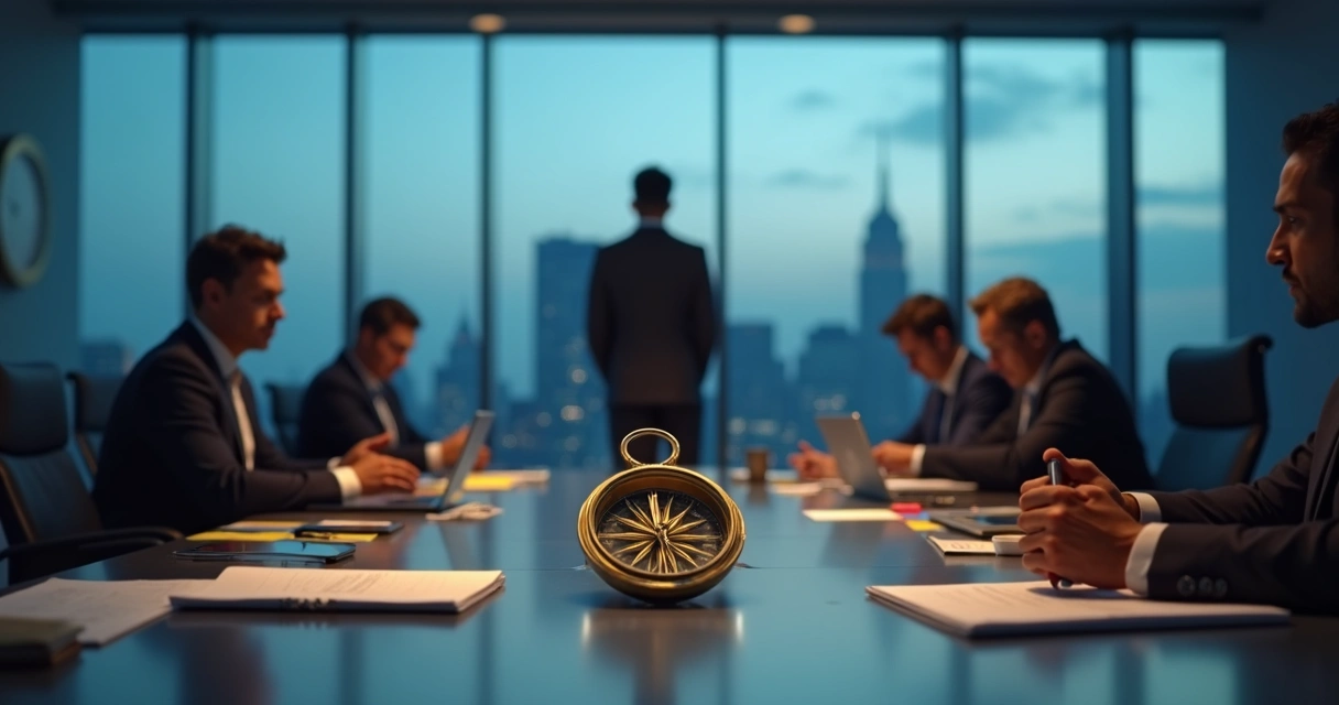 Leader holding cracked compass in dim boardroom with scattered documents 