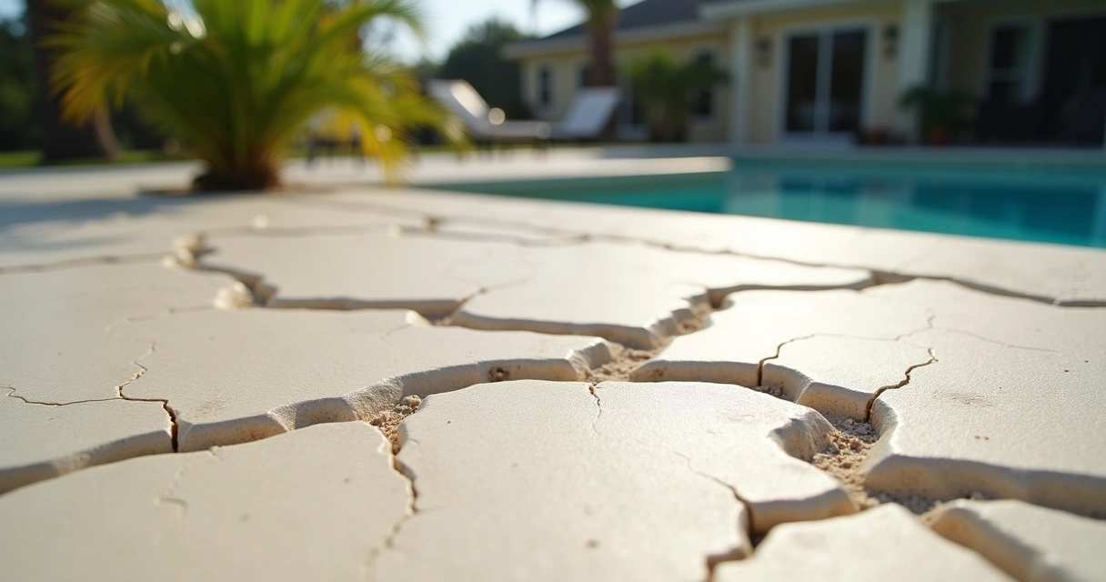 Large cracks running across a pale concrete patio in direct sun.
