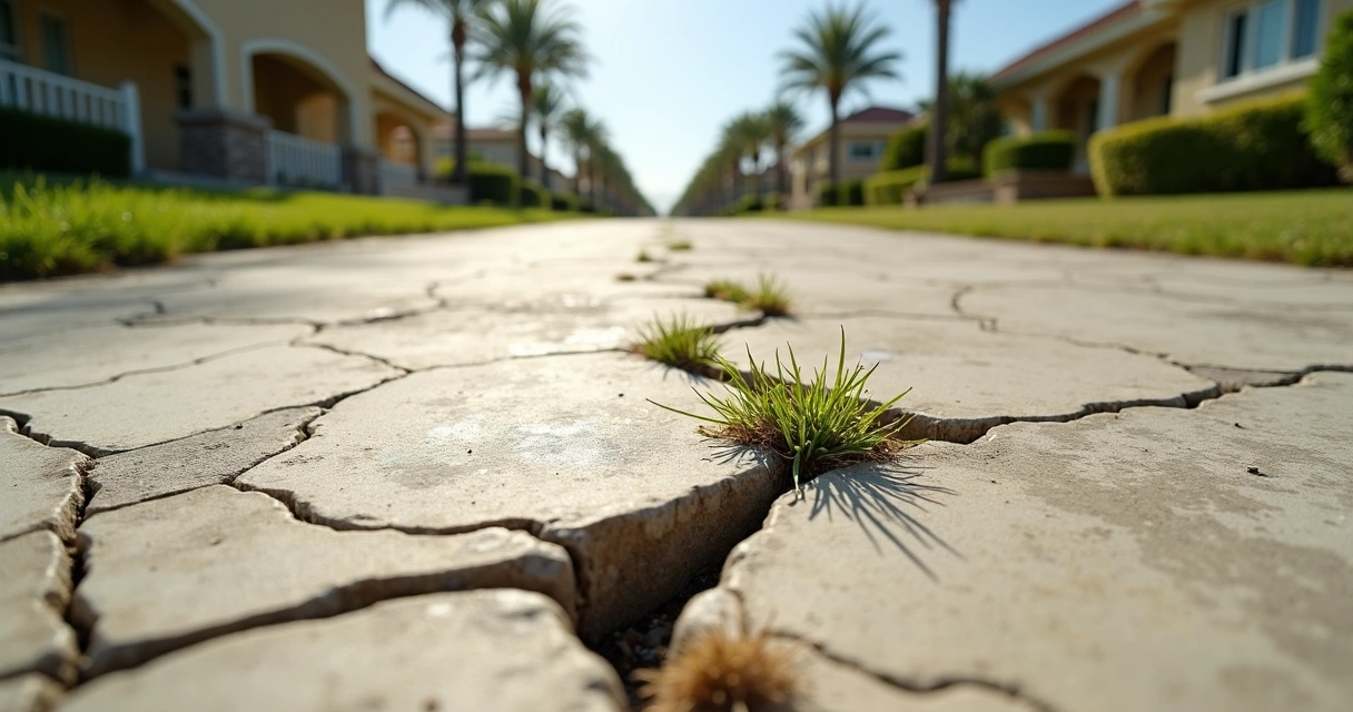 Close-up of weathered driveway with deep cracks and weeds growing