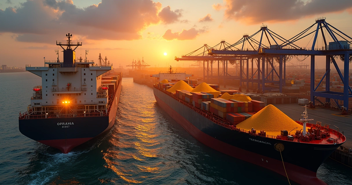 Cranes loading soybeans onto ships at Brazilian port with containers in background. 