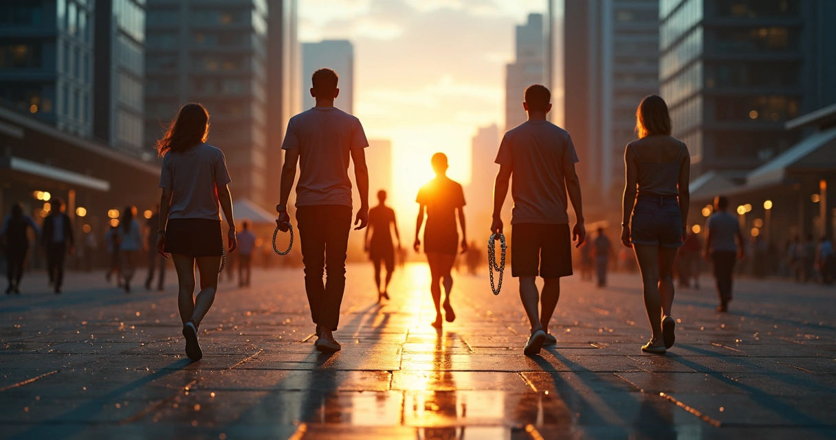 Silhuetas caminhando em cidade com correntes transparentes quebrando-se ao redor 