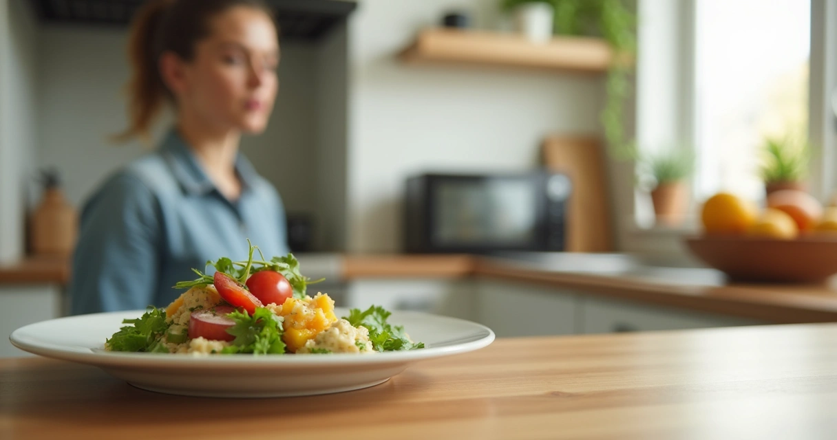 Person looking at small salad on plate with longing expression 