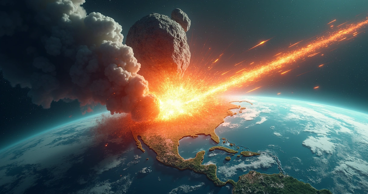 Visão artística do impacto de um asteroide formando a cratera de Chicxulub na Terra 