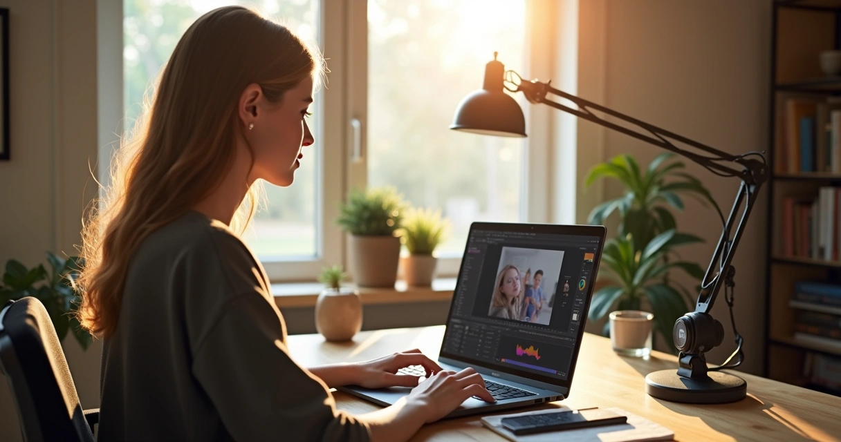 Persona usando computadora portátil en escritorio casero con cámara, micrófono y pantalla mostrando edición de video 