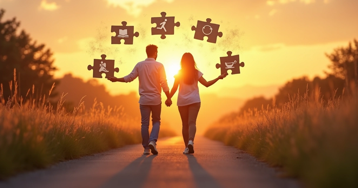 Hombre y mujer caminando juntos mientras ajustan sus hábitos diarios representados como piezas de puzzle.