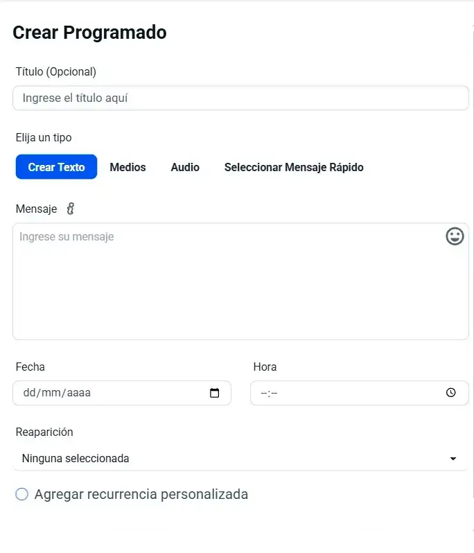 Interfaz para crear mensajes programados con opciones de texto, medios, audio y mensajes rápidos