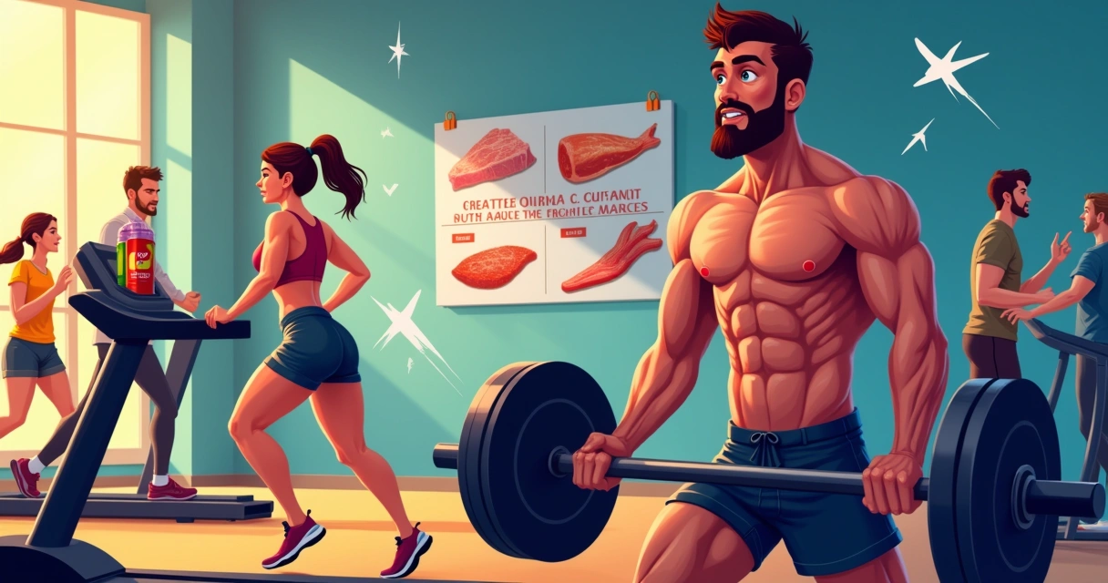 Grupo diversificado de atletas em uma academia, destacando o uso de creatina para desempenho.