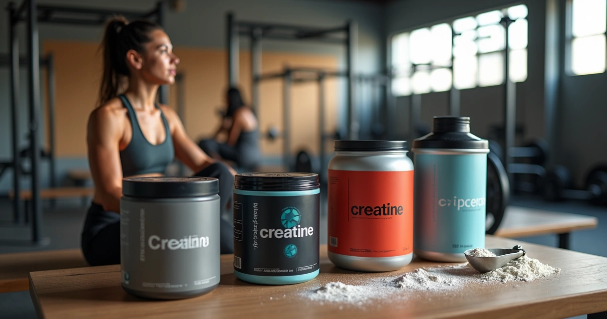 Potes de creatina de diferentes marcas lado a lado em mesa de academia 