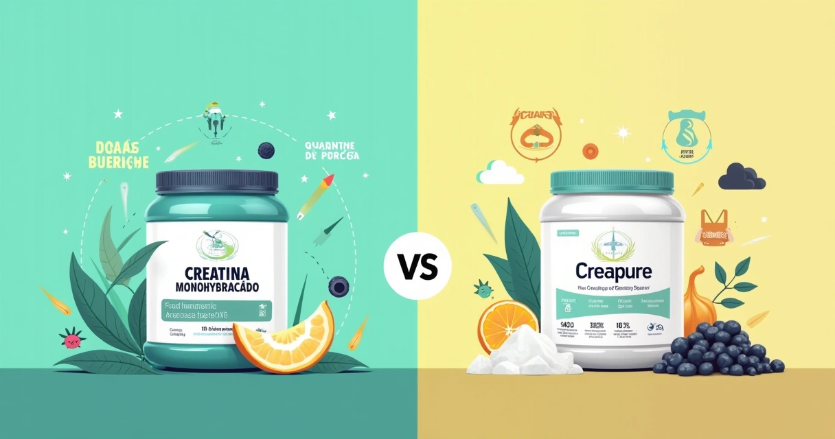 Ilustração comparativa entre creatina monohidratada e Creapure, destacando pureza, força e acessibilidade.