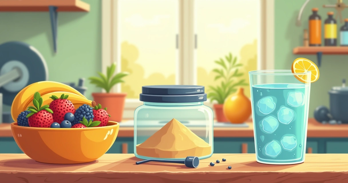 Jarro de creatina em uma mesa de cozinha com frutas e um copo de água, simbolizando uso e hidratação.