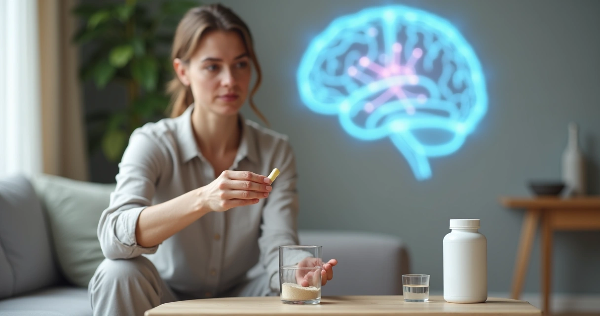 Mulher adulta segurando cápsula de creatina em frente a ilustração de cérebro luminoso 
