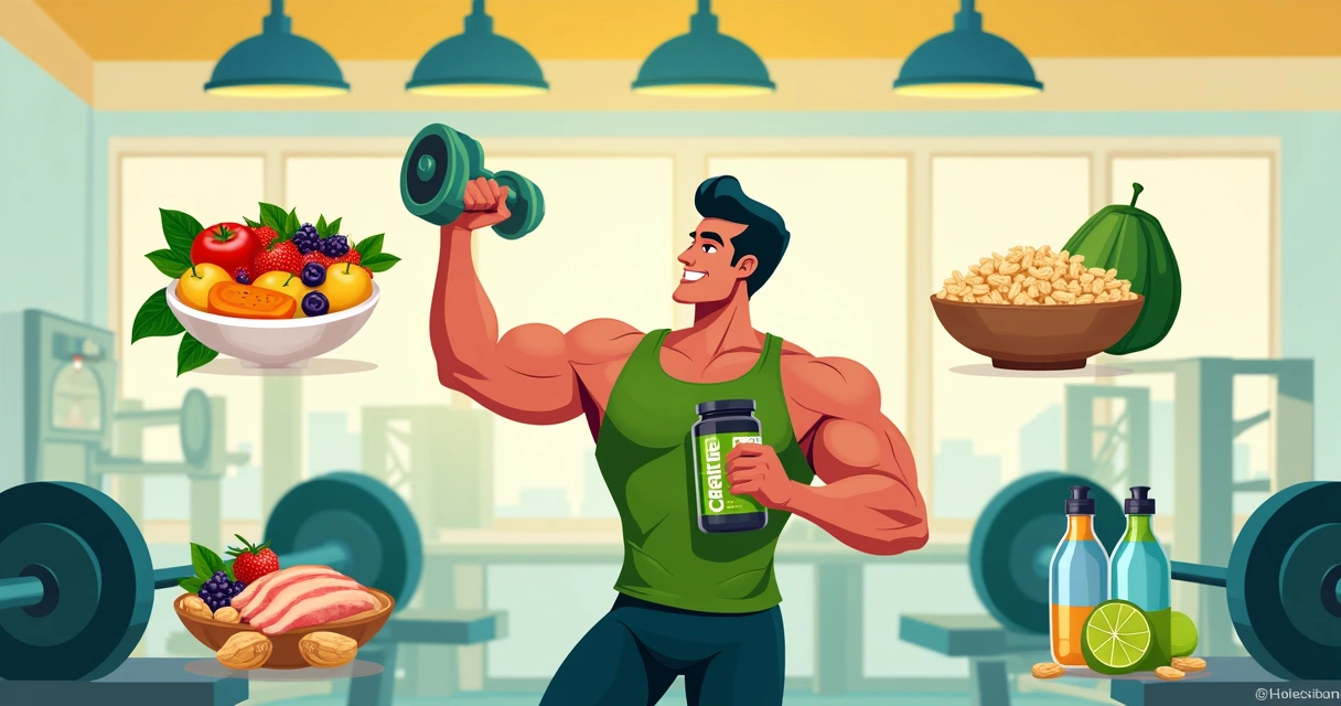 Pessoa malhando com creatina em um ambiente de academia, rodeada de alimentos saudáveis e itens de hidratação.