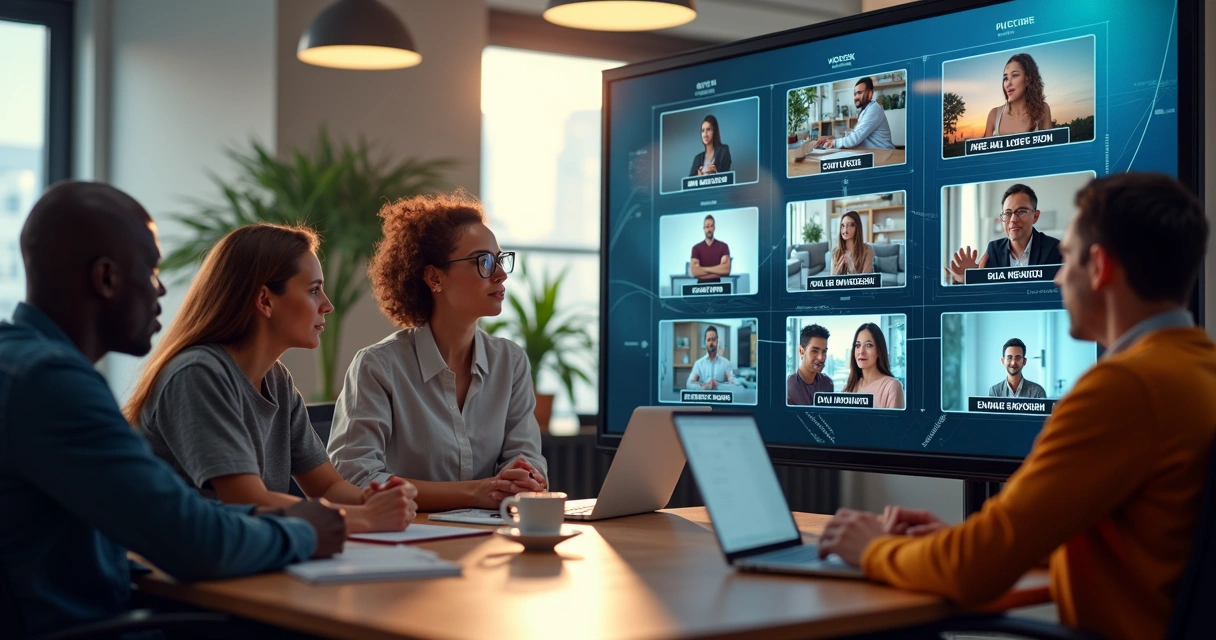 Marketing team creating AI-generated video ads on a large bright screen with multiple ad variations displayed 