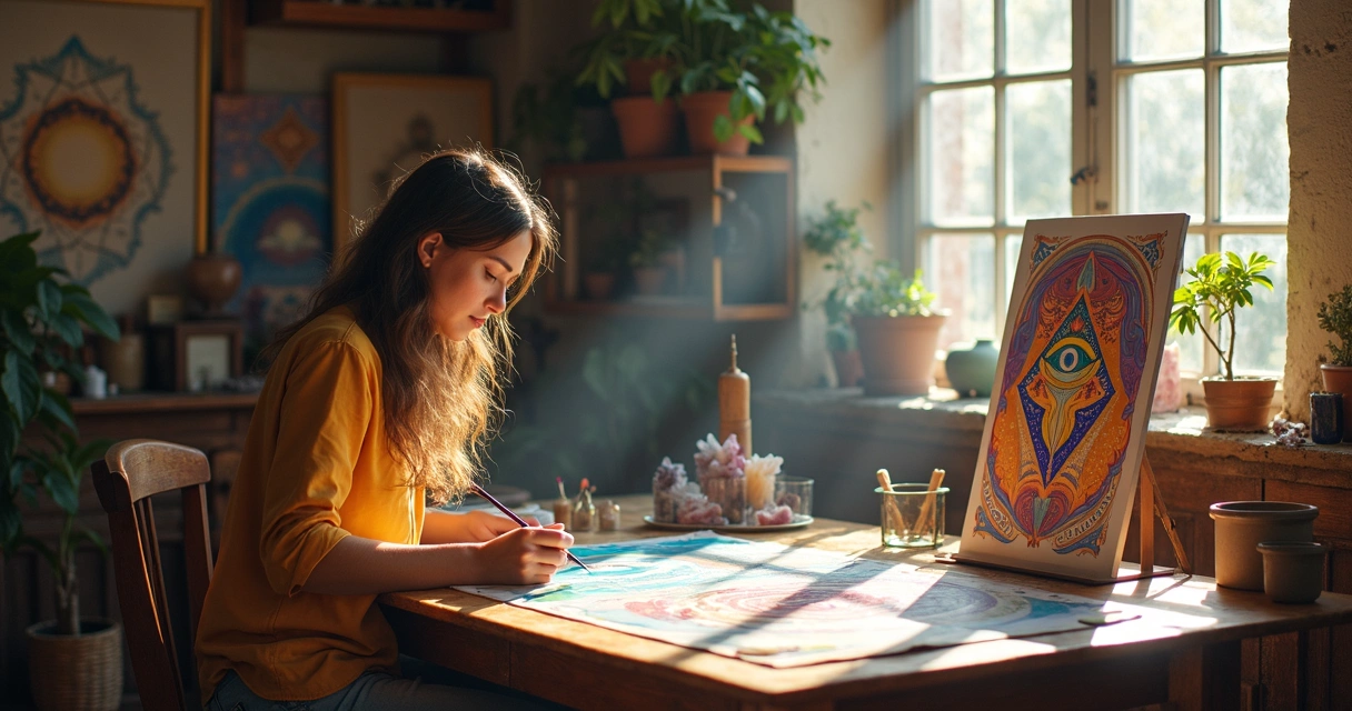 Artist painting visionary symbols in studio 