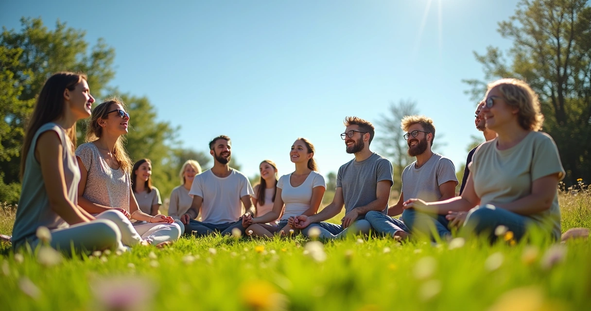 Group doing breathing exercises on green grass in natural sunlight