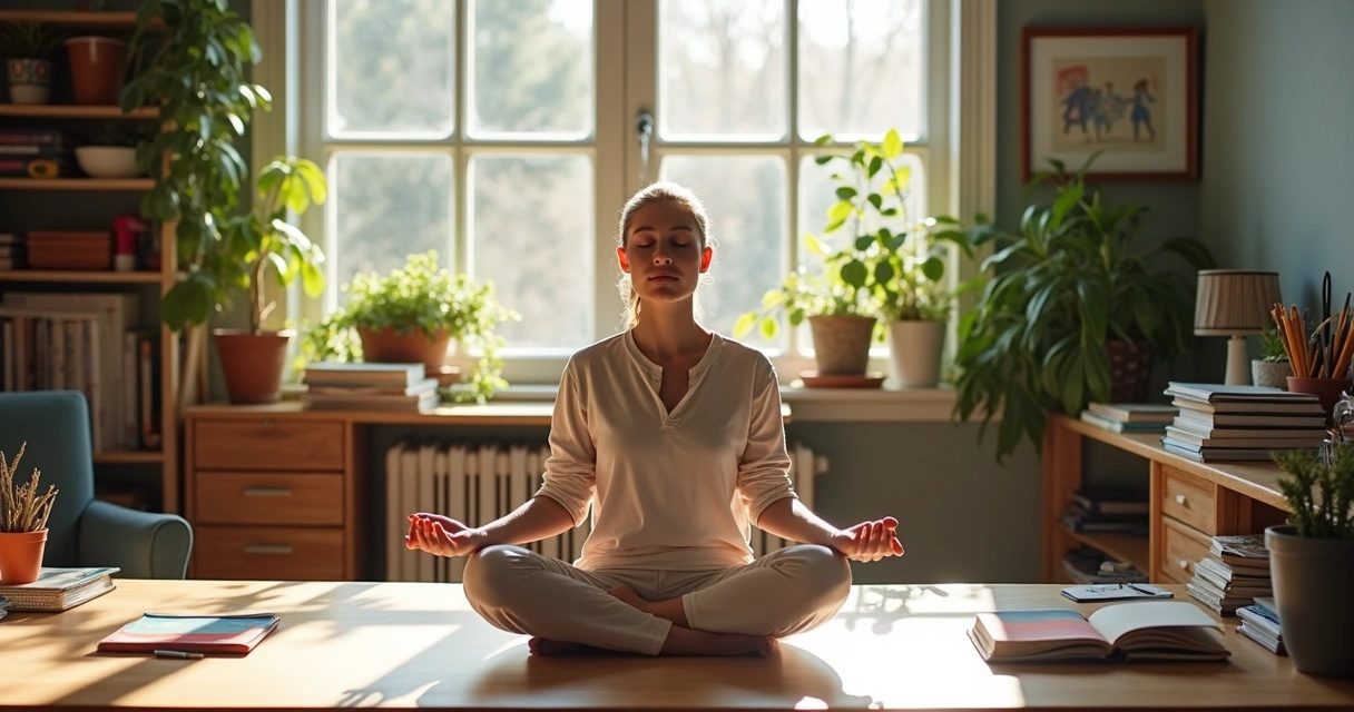 Person seated calmly in a creative studio with gentle morning light, focusing on breathing