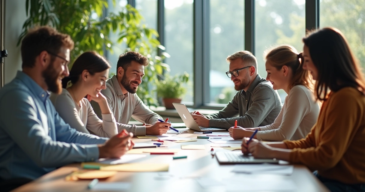 People sitting in a modern, calm office with relaxed postures, working together on a creative project 