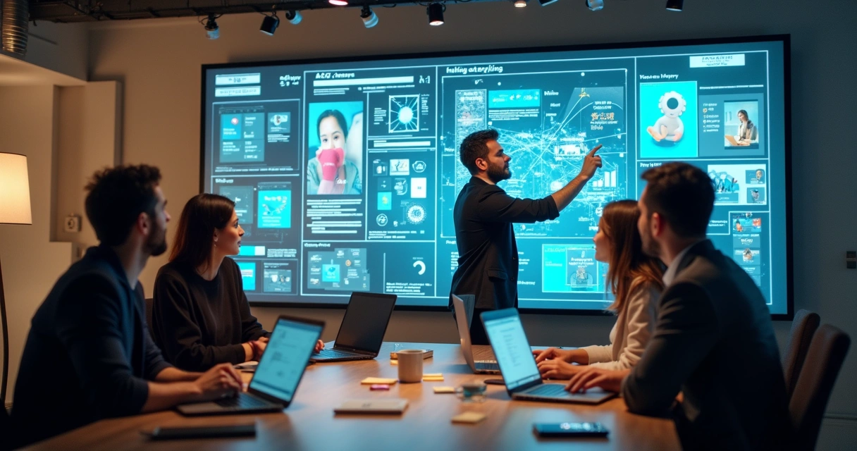 Marketers and designers collaborating with AI tools, brainstorming in a stylish office. 