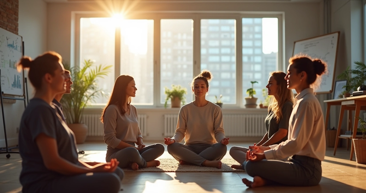 Team sitting in a bright office meditating together before a meeting 