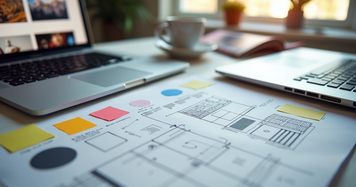 Closeup of designer’s desk with wireframes and color swatches 