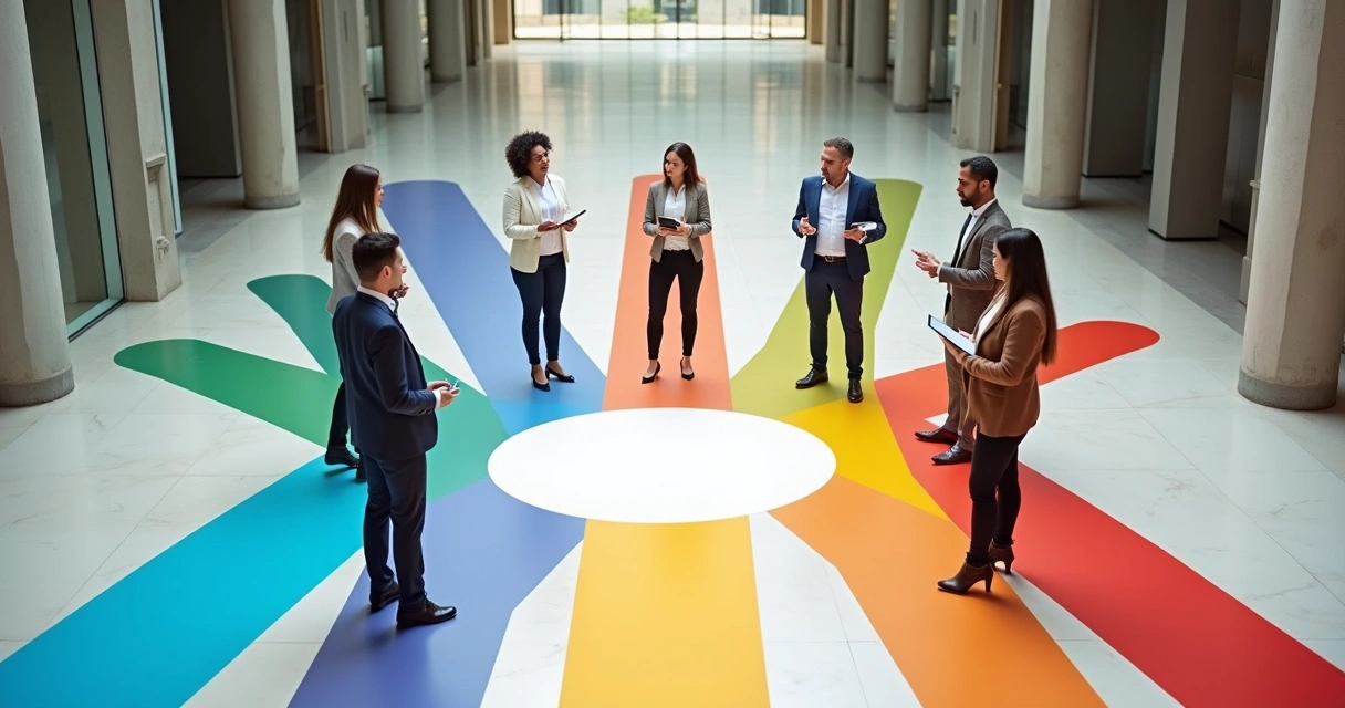 Group of professionals standing on diverging colored paths forming a unified circle 
