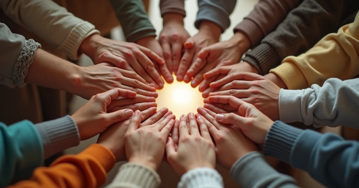 Hands of different family members reaching towards the center in a circle 