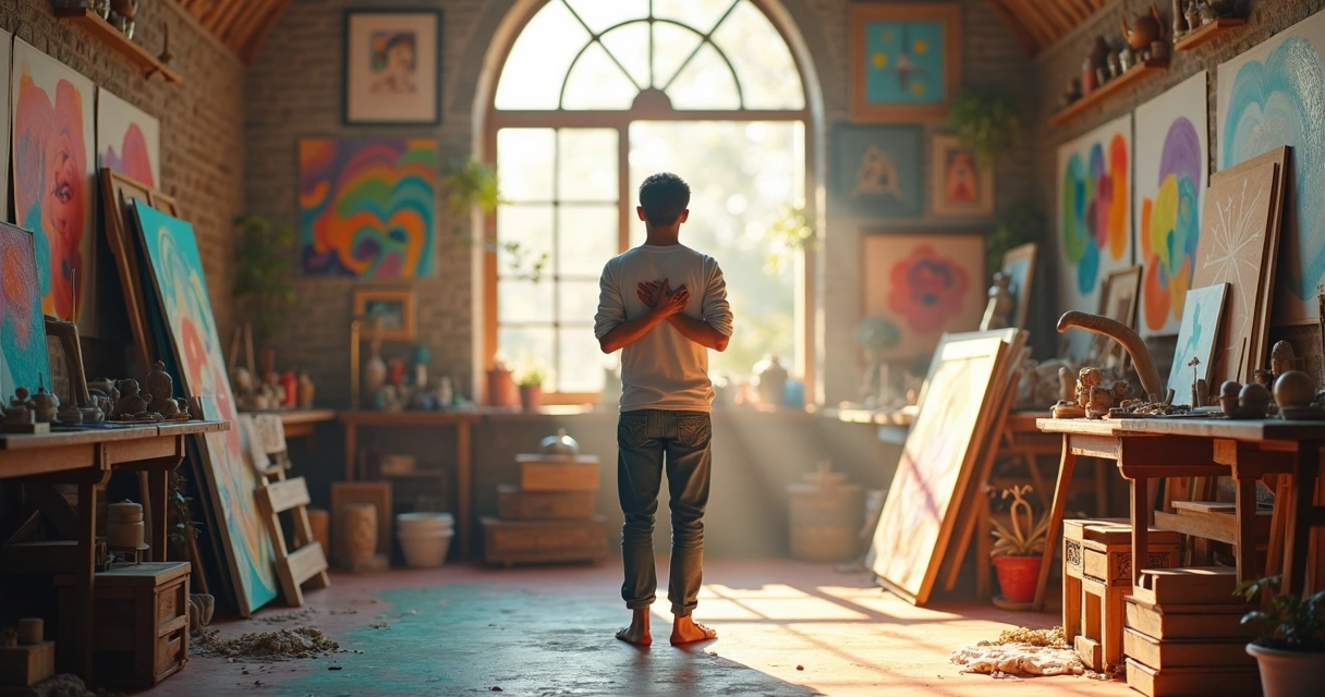 Person taking a mindful break in a creative studio filled with art supplies 