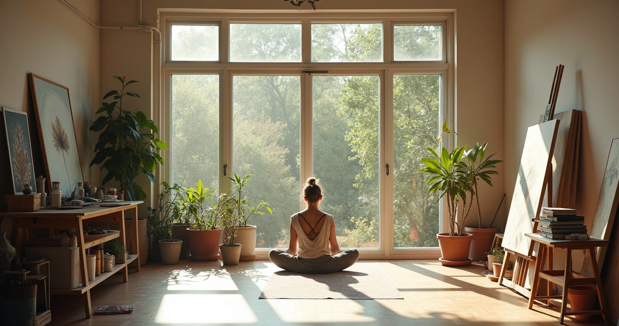 Artist sitting in a bright studio, stretching and looking towards a canvas 