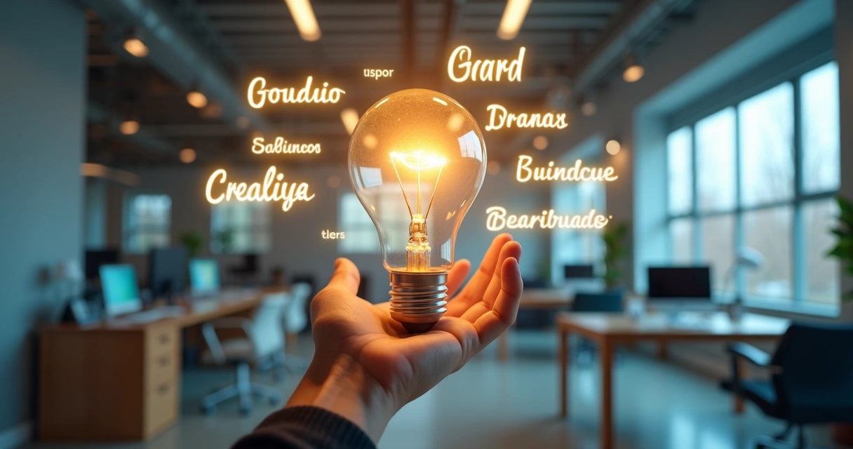 Hand holding a glowing light bulb with floating brand name ideas around it in a bright, modern workspace 