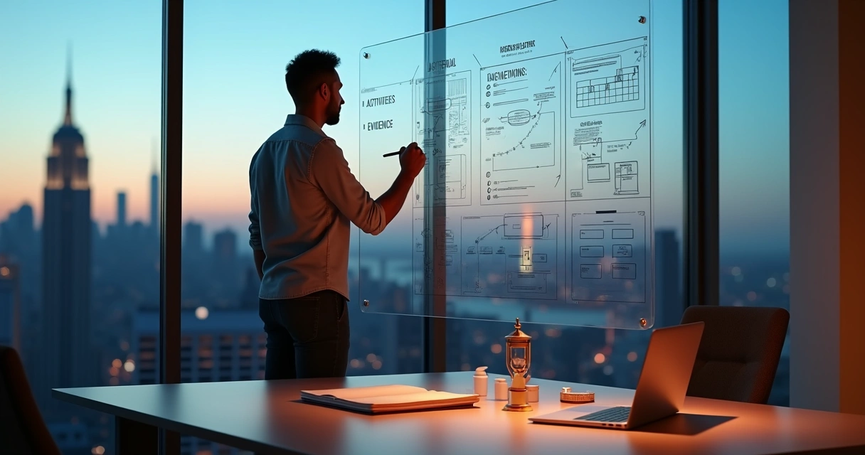 Creative professional sketching an O-1 visa professional plan on glass wall with New York skyline in background 