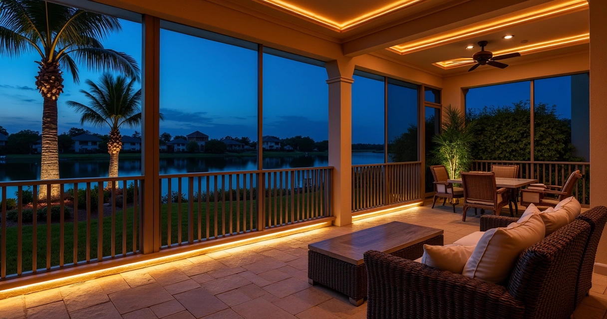 Creative accent lighting on Florida patio screen enclosure 