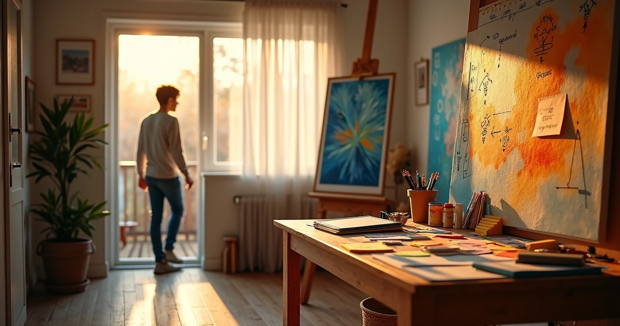 Person in art studio stepping from shadow into brightly colored workspace 