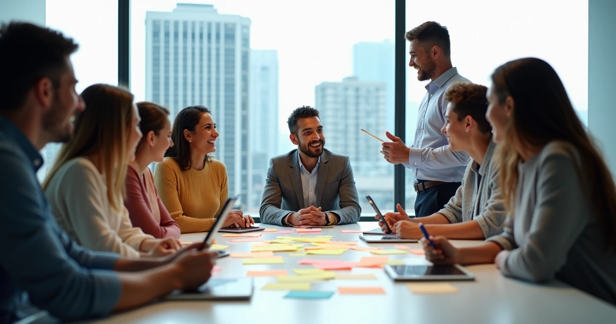 Team members gathered around a table brainstorming with sticky notes 