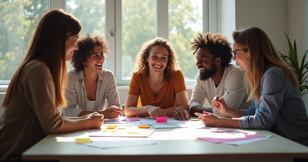 Creative team sitting around a table, collaborating on ideas with sticky notes and drawings on a bright workspace
