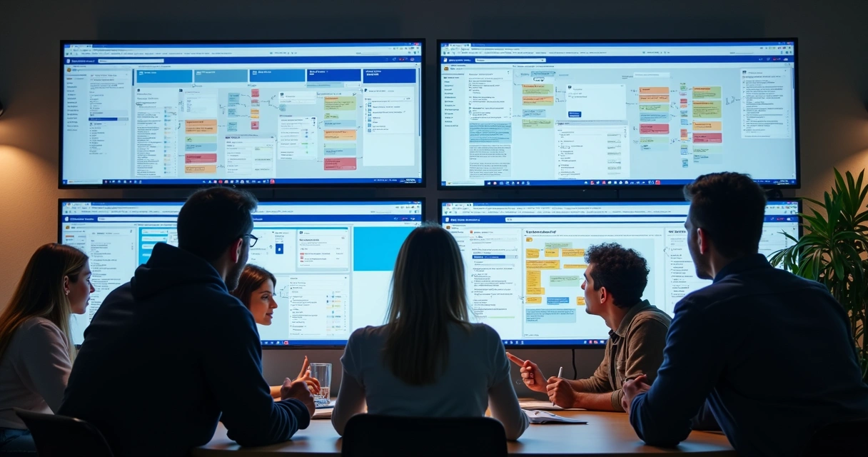 Creative team reviewing AI-generated Facebook ad workflows on screens in an open office. 
