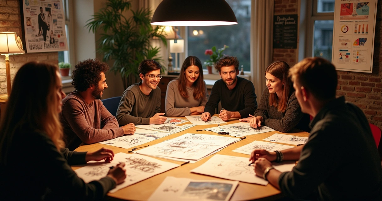 Personas compartiendo ideas en una mesa con bocetos y carteles de películas 