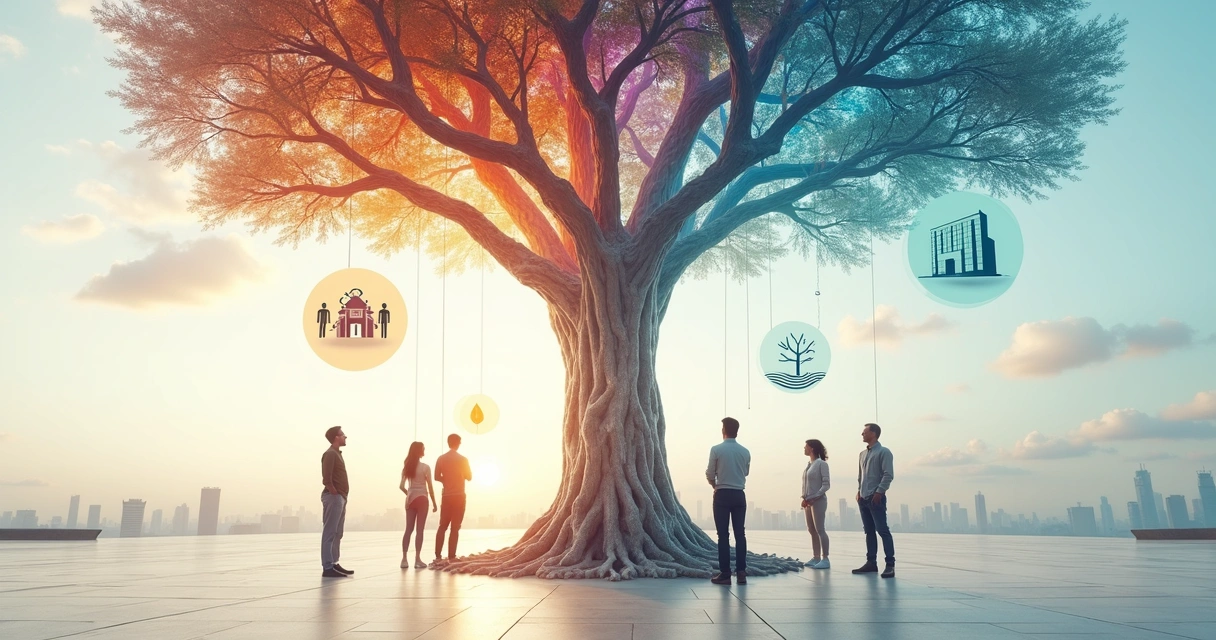 Árbol brillante formado por engranajes y colores conectando mente, cuerpo y entorno 