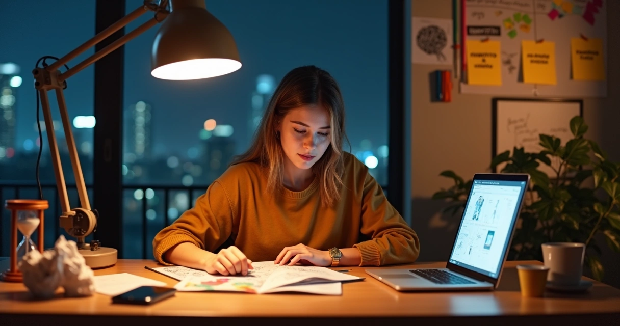 Persona creativa frente a escritorio iluminado venciendo el autosabotaje 