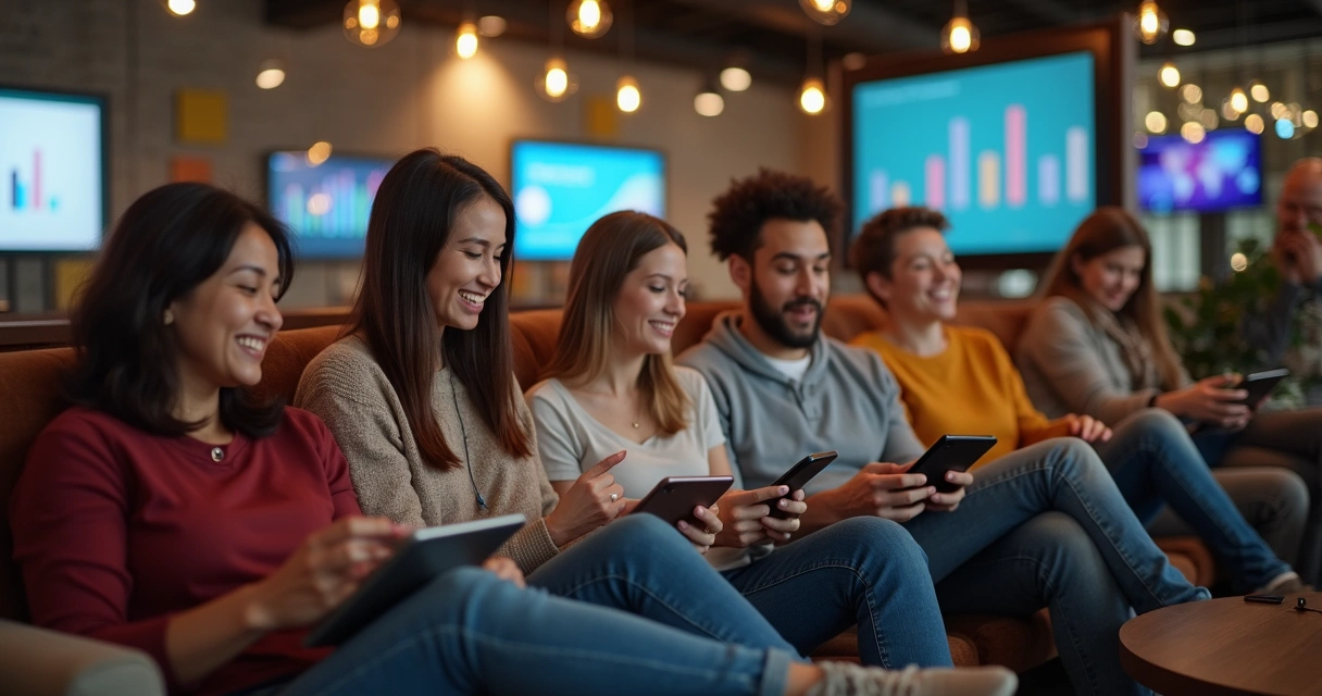 Pessoas interagindo ativamente no app em ambiente descontraído 
