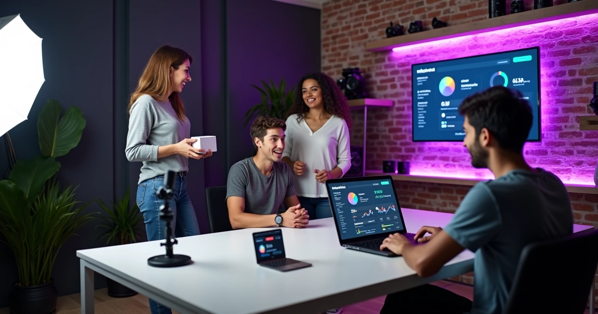 Creators brasileiros gravando conteúdo de marketing digital em estúdio moderno 